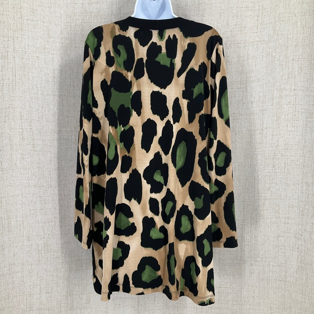 Susan Graver Tunic Top Women XL Green Tan Leopard Print Liquid Knit V-Neck Long - Picture 2 of 9